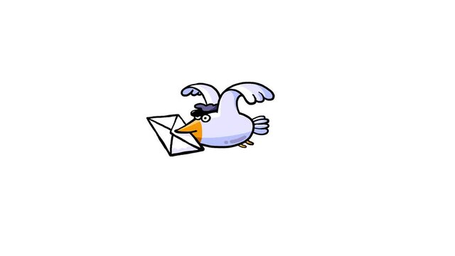 Cartoon carrier pigeon flying with envelope. Postman animal. Message symbol loop with alpha channel. Post office symbol. Oldschool messenger. Bird bringing message.
