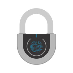 Gray padlock with fingerprint scanner. A modern lock is opened with a fingerprint. Isolated. Vector.