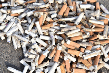 A lot of cigarette butts with some ash. Smoking as a global social problem. Nicotine addiction,...