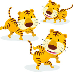 Three tigers. Three funny cartoon tigers isolated on white background.
