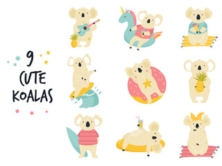 Set of cute funny koalas in relaxing mood.