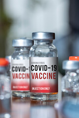 Vaccine and syringe injection. It use for prevention,immunization and treatment from corona virus infection(novel coronavirus disease 2019,COVID-19,nCoV 2019 from Wuhan). Medicine infectious concept.