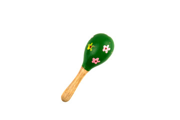 Photo of wooden handmade rattle on a white isolated background for a baby. First toy for the baby.