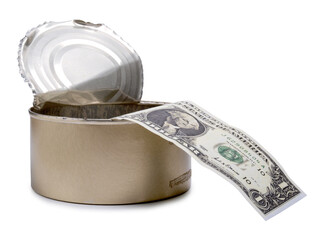 Paper dollar lies in a tin can. Isolated object on a white background