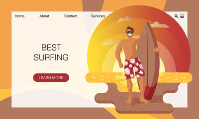 Sea and sandy beach on sunset. Happy male surfer in red shorts is holding surfboard. Summertime sport and activities. Flat cartoon vector illustration. Concept of touristic website landing page design