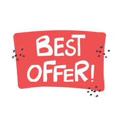 Best offer. Advertising quote. Cute hand drawn white lettering in modern scandinavian style on orange background with doodle decoration. Vector stock illustration.