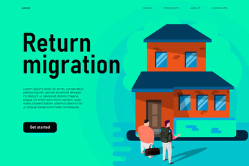 Return migration policy illustration concept with flat home and two isometric migrants. Back to home poster concept. Landing page template.