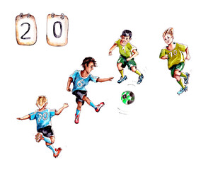 Fototapeta na wymiar hand-drawn watercolor illustration. characters, boys in football uniforms from different teams play football with a green ball. isolated