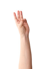 Obraz premium Close up man's hand showing gesture of number 6 in sign language isolated on white background. Sign language numbers