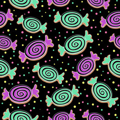 Halloween seamless pattern with sweets and candys on black background. Halloween background