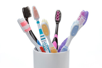 Close up shot of set of multicolored toothbrushes.