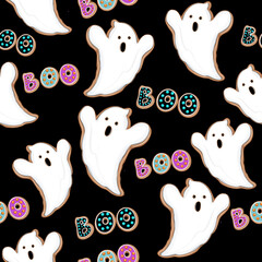 Halloween seamless pattern with funny ghosts and text Boo. Hand drawn illustration