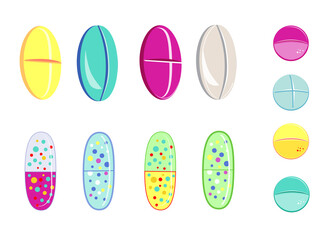 Vector set of pills and capsules in differnt colors. Medical drag and vitamins