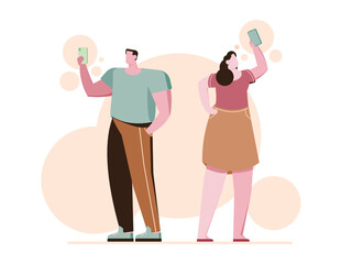 Men and women use mobile phones to take pictures,mobile photographer,portrait selfie.Flat vector illustration characters concept.