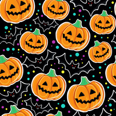 Colorful seamless pattern with festive Halloween pumpkins and bats. Halloween party illustration