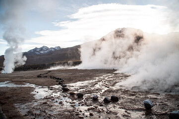 Hot geysers in the empty Atacama Desert in Chile