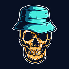 skull wearing bucket hat vector illustration isolated on dark background
