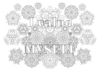 Vector coloring book for adults with inspirational quote and mandala flowers in the zentangle style with editable line - 353834966