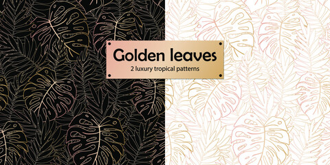 Golden outlined tropical leaves on black and white background. Vector illustration seamless pattern set for fashion fabric, wrapping paper of wallpaper design . © Lelya Golf