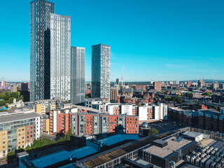 Fototapeta na wymiar Manchester City Centre Drone Aerial View Above Building Work Sky