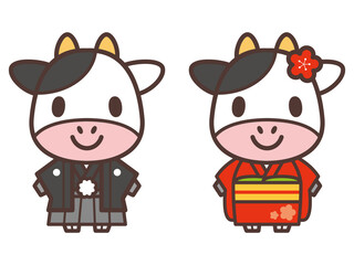 着物の牛のキャラクター01-Kimono cow character vector illustration
