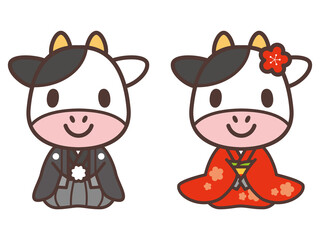 着物の牛のキャラクター02 正座-Kimono cow character vector illustration
