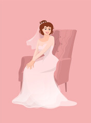 Beautiful happy bride in white dress with a veil. Sitting in pink armchair awaiting the wedding ceremony. Vector colorful flat illustration.