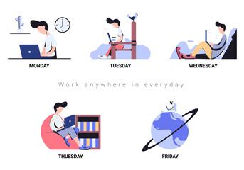 Man work anywhere in everyday. Work on Monday to Friday Concept work at home illustration.