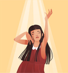 A girl dancing in a summer dress stretches out her arms to catch the rays of the sun, magic, sparks. Desires come true. Vector flat illustration.