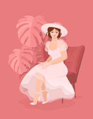 Beautiful happy bride in white dress, gloves and a hat with large fields. Sitting in red armchair awaiting the wedding ceremony. Vector colorful flat illustration. Pink background.