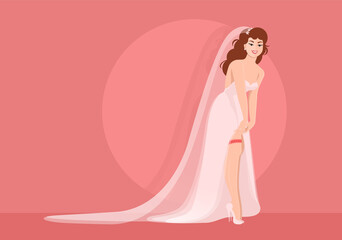 Beautiful happy bride in a wedding dress with a long veil. Shows a garter on his leg. Vector colorful flat illustration. Pink background.