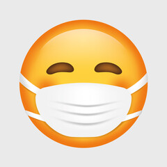 Vector emoji. Wearing mask face. Smiling emoji. Happy. Cute emoticon isolated on white background.