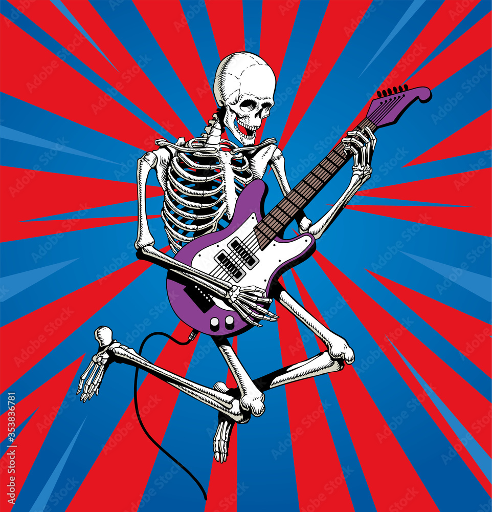 Wall mural Skeleton rock guitar player jumps. Vector illustration.