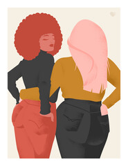 Retro poster with two plus size models. Jeans and turtlenecks show fashion. Vector illustration with the addition of noise in vintage style.