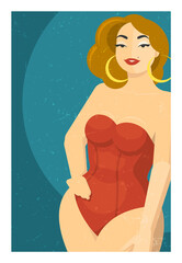 Beautiful plus size girl with red hair in a red swimsuit in vintage style. Very cute, playful and flirty. Vector flat illustration.