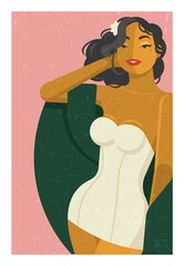 Beautiful filipina with a flower in her hair in a white swimsuit in vintage style. Very cute, playful and flirty. Vector flat illustration.