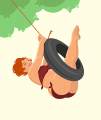 A beautiful plus-size woman with red hair in a swimsuit laughs and rides a tire swing. Pin-up style. Vector flat illustration.
