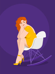 Beautiful playful woman with red hair in a yellow dress and shoes sits on a chair in modern style. Vector flat illustration.