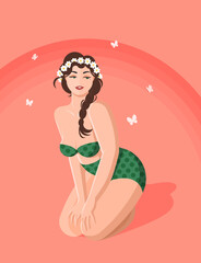Beautiful happy woman in a polka dot swimsuit sitting leaning on her knees. Hair is braided, a wreath on his head. Background a rainbow and butterflies fly. Vector flat illustration in pin-up style.