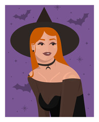 Girl with red hair in costume and a witch hat. Halloween holiday. Against the background of bats. A moon choker on the neck. Flat vector illustration.