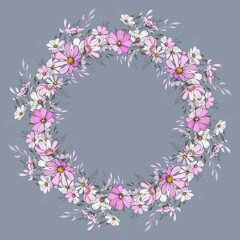 Obraz premium Wreath of light pink and white flowers. Round frame with cosmos flower on gray background. Design for your wedding, birthday, saving the date card. For greeting card decoration. Vector. 