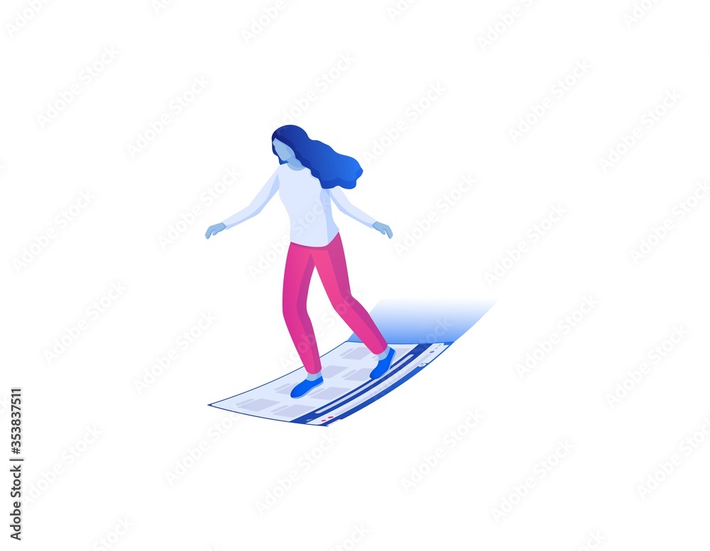 Poster web surfing on internet sites isometric concept. connecting to online data warehouse search necessar