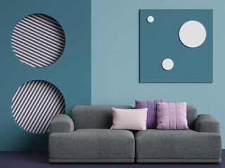 Grey sofa in scandinave style .Walls in blue colors with copy space