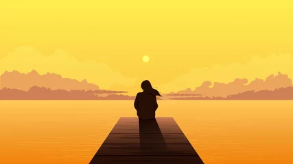  Lonely girl silhouette on sunset. Sad alone dreamy woman sitting looking at orange sunset among clouds on sea pier illustration person loneliness pensive vector depression. © Богдан Скрипник