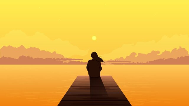 Lonely Girl Silhouette On Sunset. Sad Alone Dreamy Woman Sitting Looking At Orange Sunset Among Clouds On Sea Pier Illustration Person Loneliness Pensive Vector Depression.