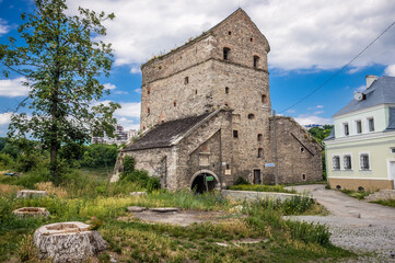Fototapeta na wymiar Wind Gate and Stephen Bathory Tower, part of historic walls of Kamianets Podilskyi city, Ukraine