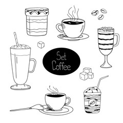 Set of hand drawn doodle style coffee. Different types of beverages: latte, cappuccino, mocha, americano, coffee with marshmallow. Sugar and seeds. On white isolated background.