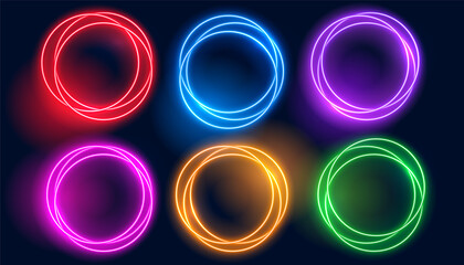 set of colorful neon circle glowing frames