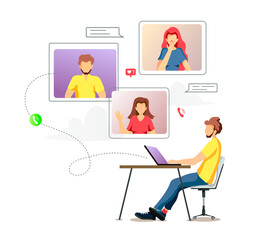 Website design for Video conferencing, Online meeting, Work at home, Distance learning, communication. Group of people talking by internet. Vector illustration for poster, banner, website, 