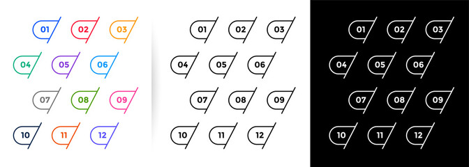 set of one to twelve line style bullet point numbers